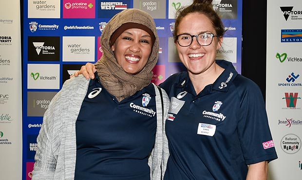 DOTW_Launch.jpg Western Bulldogs AFLW midfielder Emma Kearney & 'Ready, Settle, Go!' participant Shemsyia Wako Waritu help launch 'Daughters of the West'. (Photo: Liz Vagg/Western Bulldogs) - Western Bulldogs